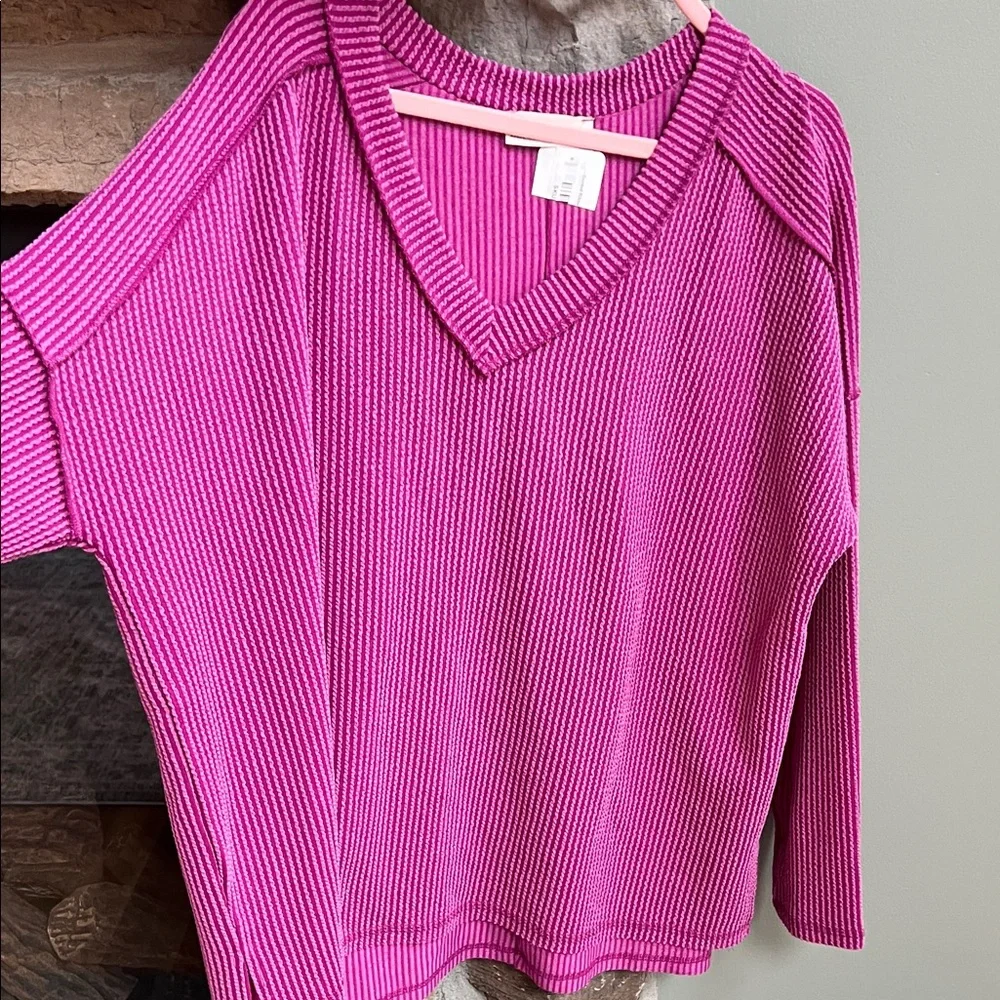Zenana NWT plum V-Neck long sleeve ribbed hi/lo hem tunic - Picture 10 of 11
